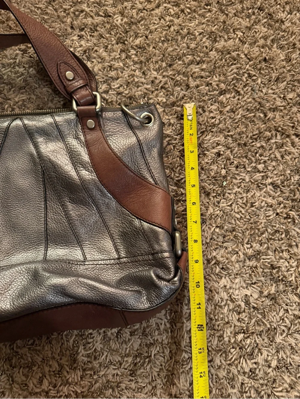 Vintage Fossil Metallic Leather Shoulder Bag Pewter Bronze Cognac Trim